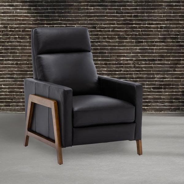 English Elm Richland Mid-Century Top Grain Leather Push Back Recliner with Exposed Wood Frame and Coil Seating Black B050P366074