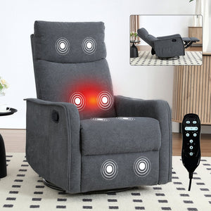 English Elm Heat Massage Rocker Recliner with Swivel Base and Vibrating Nodes for Living Room Grey W1803P251887