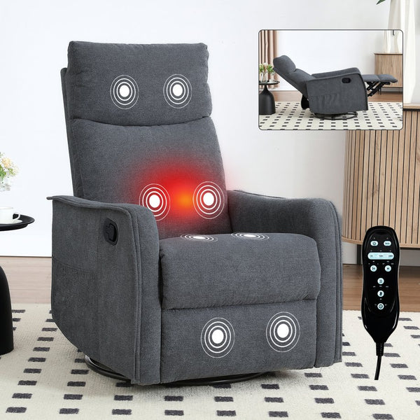 English Elm Heat Massage Rocker Recliner with Swivel Base and Vibrating Nodes for Living Room Grey W1803P251887