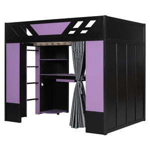 English Elm Full Size Loft Bed with Desk Blackout Curtains Rgb Lighting and Integrated Storage Purple+Black LT000377AAI