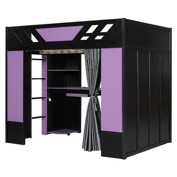 English Elm Full Size Loft Bed with Desk Blackout Curtains Rgb Lighting and Integrated Storage Purple+Black LT000377AAI