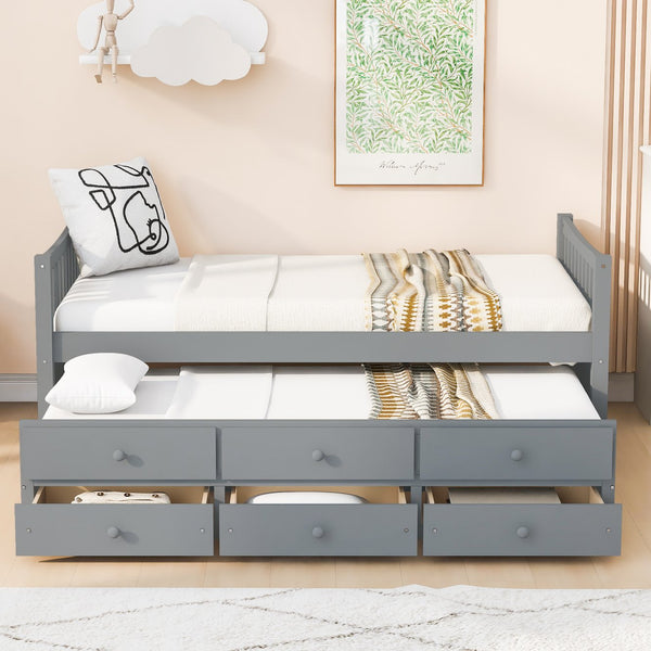English Elm Daybed Twin Frame with Pull Out Trundle and Three Storage Drawers for Kids Rooms Gray LP100241AAE