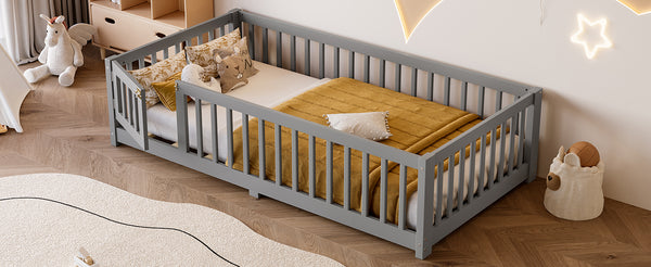 English Elm Twin Twin Size Floor Bed with Safety Guardrails and Playful Door for Kids, Pine/Plywood, Low Profile Gray W1580P338948
