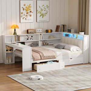 English Elm Wood Full Platform Bed with Led Headboard Built-in Desk Charging Station and Storage Shelves Beige+White N7090001047K-1