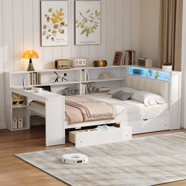 English Elm Wood Full Platform Bed with Led Headboard Built-in Desk Charging Station and Storage Shelves Beige+White N7090001047K-1