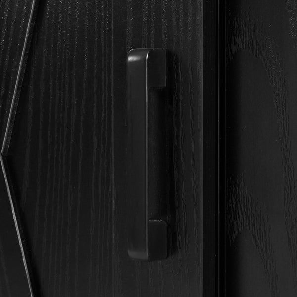 English Elm K&K 58" Farmhouse Kitchen Island with Sliding Barn Door, Drop Leaf, Glass Rack, Locking Wheels, Power Black N707P349811B