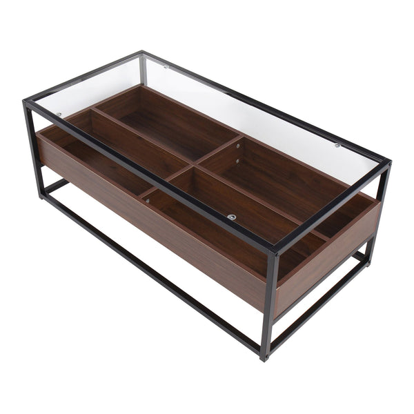 English Elm Contemporary Glass Top Coffee Table with Walnut Storage and Black Steel Frame B202P223305