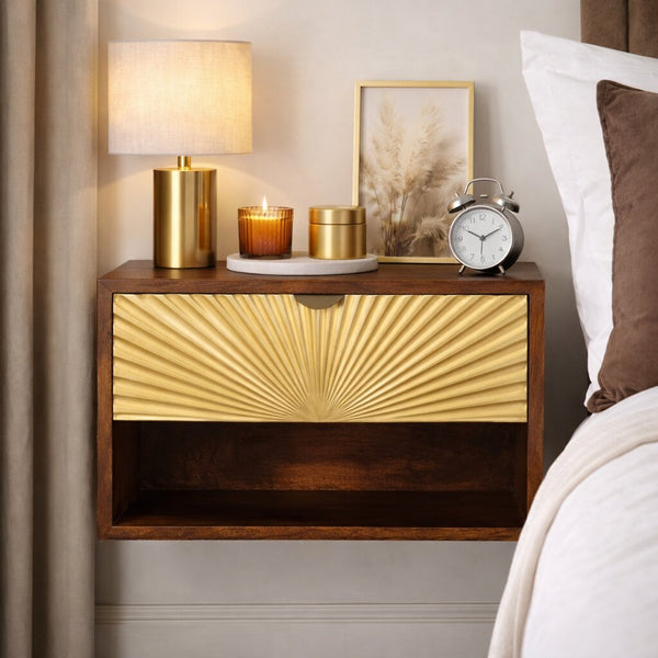 English Elm Solid Mango Wood Floating Nightstand Brass Sunburst Drawer Open Shelf Bedroom B182P476858
