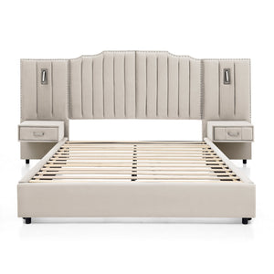 English Elm Queen Velvet Platform Bed with Tufted Headboard Integrated Nightstands and Striped Design Beige W487S00440