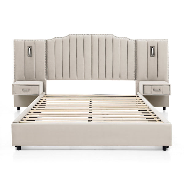 English Elm Queen Velvet Platform Bed with Tufted Headboard Integrated Nightstands and Striped Design Beige W487S00440