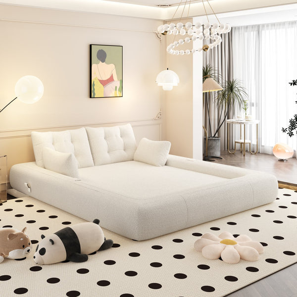 English Elm Human 78.7" Multi-Functional Foldable Sofa Bed – 3-in-1 Teddy Foam Sleeper, Removable Cushions, 2-Seater Guest Lounge Beige+White W1885P277275