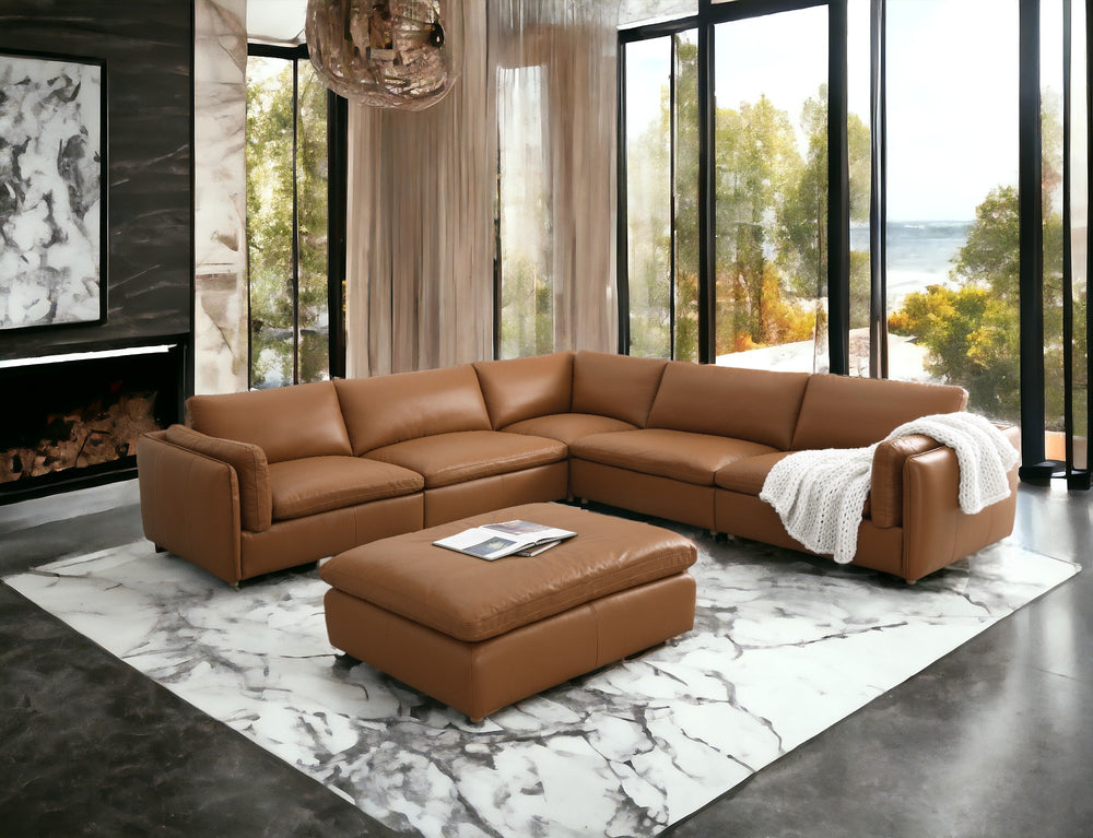 English Elm Brighton Top Grain Leather 6-Piece Modular Sectional With Ottoman – Modern Comfort & Versatile Design B2726S00005