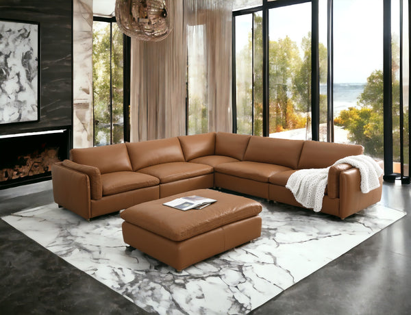 English Elm Brighton Top Grain Leather 6-Piece Modular Sectional With Ottoman – Modern Comfort & Versatile Design B2726S00005