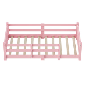 English Elm Twin Montessori Floor Bed Solid Pine Frame with Safety Guardrails for Kids Bedroom Pink N733P400298H
