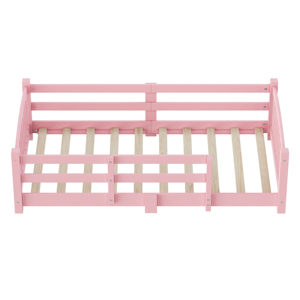 English Elm Twin Montessori Floor Bed Solid Pine Frame with Safety Guardrails for Kids Bedroom Pink N733P400298H