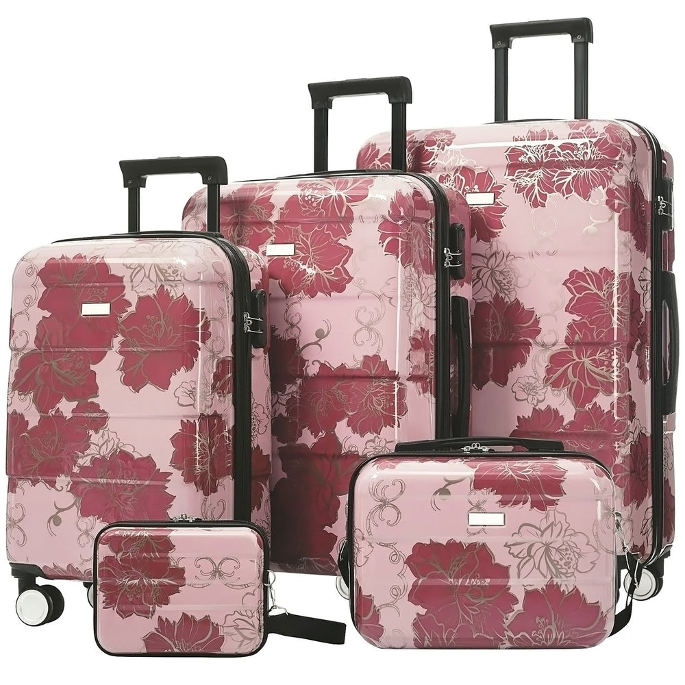 English Elm 6 Piece Hardshell Abs Travel Set with Spinner Wheels Combination Lock and Toiletry Bag Purple Pink Flower N732P391160E
