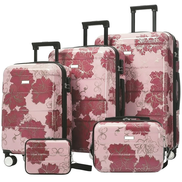 English Elm 6 Piece Hardshell Abs Travel Set with Spinner Wheels Combination Lock and Toiletry Bag Purple Pink Flower N732P391160E