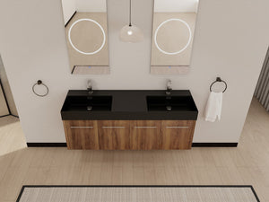 English Elm 60 Inch Wall-Mounted Bathroom Vanity With Double Black Resin Sink For Modern Elegance & Functionality W999S00251