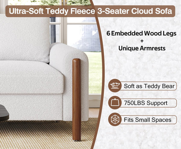 English Elm Christopher Knight Home® - 83.86" 3-Seater Sofa in Teddy Velvet with Curved Armrests & Solid Wood Legs, Plush Durable Comfort Cream White N765P331021W