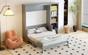 English Elm Full Murphy Bed with Storage Cabinets and Shelves, Space-Saving Wooden Wall Bed with 600lb Capacity Gray N7090004015E