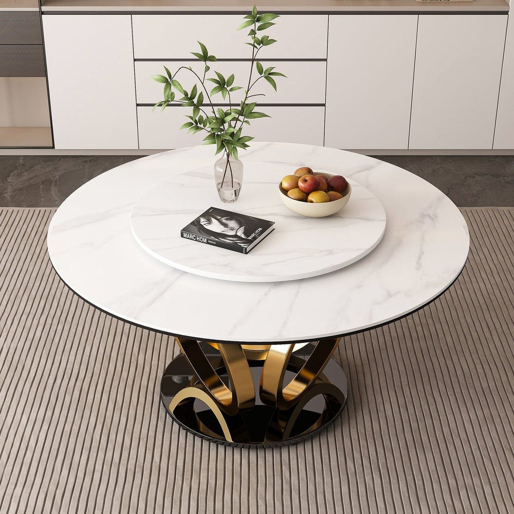 English Elm 53" Round Dining Table With 360° Lazy Susan - Stain & Heat Resistant Sintered Stone For Modern Spaces W2699S00032