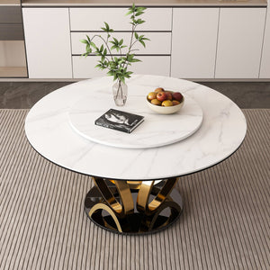 English Elm 53" Round Dining Table With 360° Lazy Susan - Stain & Heat Resistant Sintered Stone For Modern Spaces W2699S00032