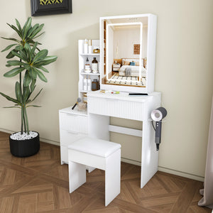 English Elm Modern Makeup Vanity Desk with Led Lighting Four Drawers Mirror and Built-in Power Outlet White W509P465830