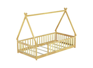 English Elm Twin Tent-Shaped Floor Bed With Guardrails – Cozy Teepee Design For Safe, Imaginative Sleep Space W504P345777-GIGA