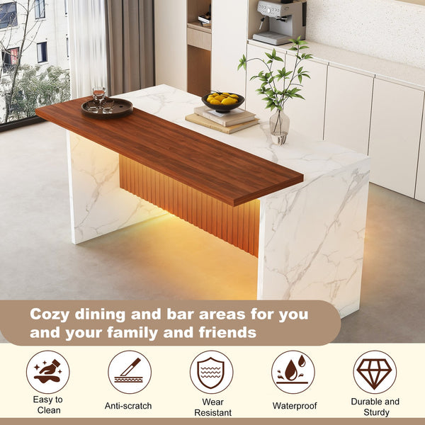 English Elm 63" Modern Kitchen Island with Black Marble-Look Surface, LED Ambient Lighting & Grille Accent White+Walnut W2699P365916