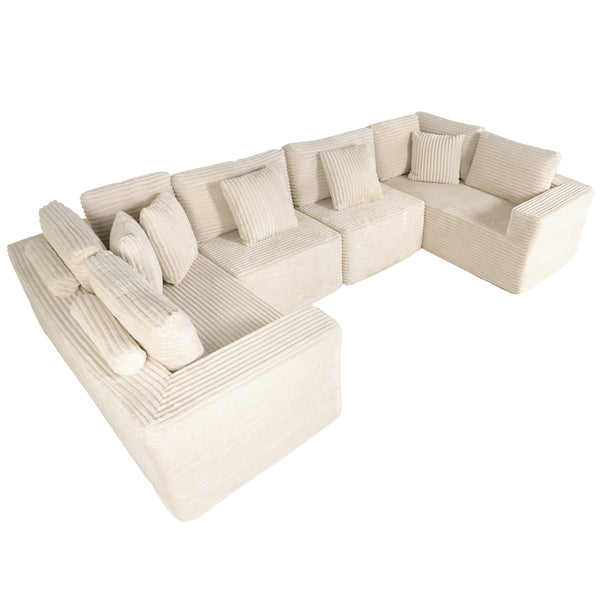 English Elm 135.5" Beige Corduroy U-shaped Sectional Six-seater with Reversible Chaise for Living Rooms W3276S00019