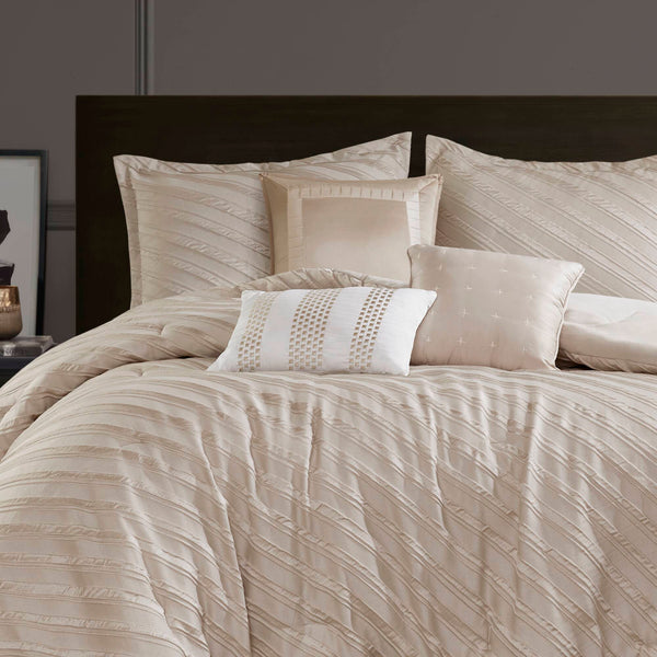 English Elm 7 Plush Queen Comforter Set with Jacquard Texture, Bedskirt & Decorative Pillows for Cozy Elegance Beige 17.91 L x 13.98 W x 10.04 H B035P319209