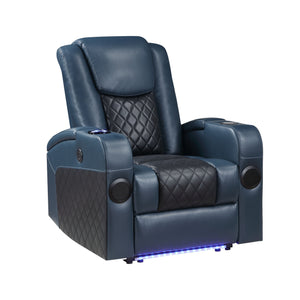 English Elm Alair Blue & Black Leather Aire Power Recliner with Bluetooth, Wireless Charger, Cooling Cupholder & Storage B2726P321025