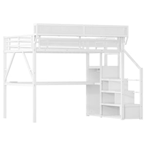 English Elm Queen Metal Loft Bed with Desk Charging Station Storage Stairs and Rgb Lighting W2580S00071