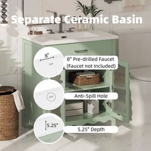 English Elm Christopher Knight Home® - 30 Inch Bathroom Vanity With Tempered Glass Doors, Soft-Close, Modern Green Cabinet & Ceramic Sink N817P299499G