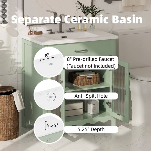 English Elm Christopher Knight Home® - 30 Inch Bathroom Vanity With Tempered Glass Doors, Soft-Close, Modern Green Cabinet & Ceramic Sink N817P299499G
