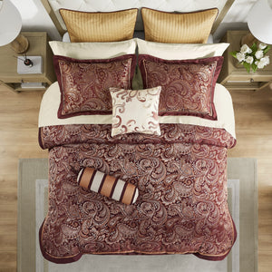 English Elm 12 Piece Comforter Set - Luxurious Burnt Red Jacquard With Cotton Sheets For California King Bed B035128828