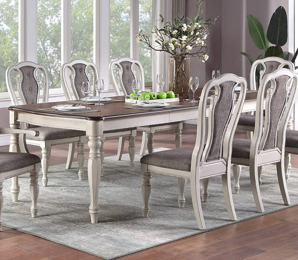 English Elm Transitional 9 Piece Oak Veneer Dining Set with Carved Chairs and Antique White Frame B011S01230