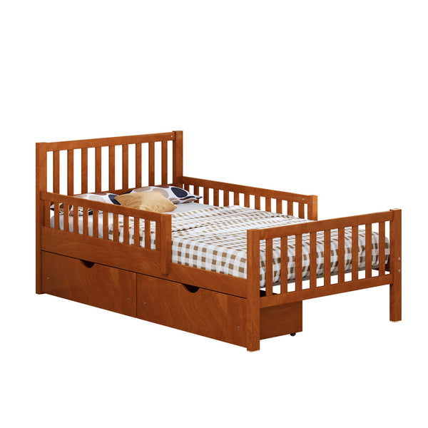 English Elm Twin Pinewood Platform Bed with Headboard, Guardrails & Two Underbed Drawers for Storage Walnut 70.6 L x 17.1 W x 5.9 H N733P172696D