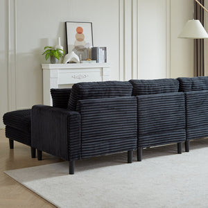 English Elm 122.5-Inch Oversized U-Shaped Modular Sofa Corduroy Sectional with Double Chaise, Ottoman, Pillows and Plastic Legs Black W1193S00121