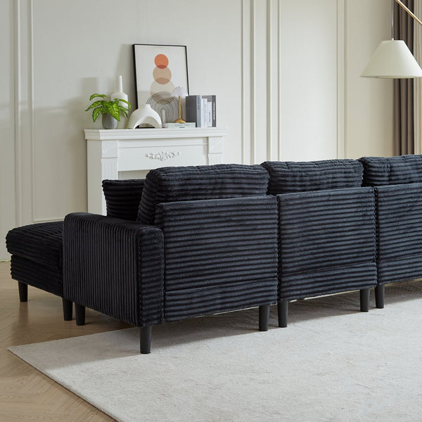 English Elm 122.5-Inch Oversized U-Shaped Modular Sofa Corduroy Sectional with Double Chaise, Ottoman, Pillows and Plastic Legs Black W1193S00121