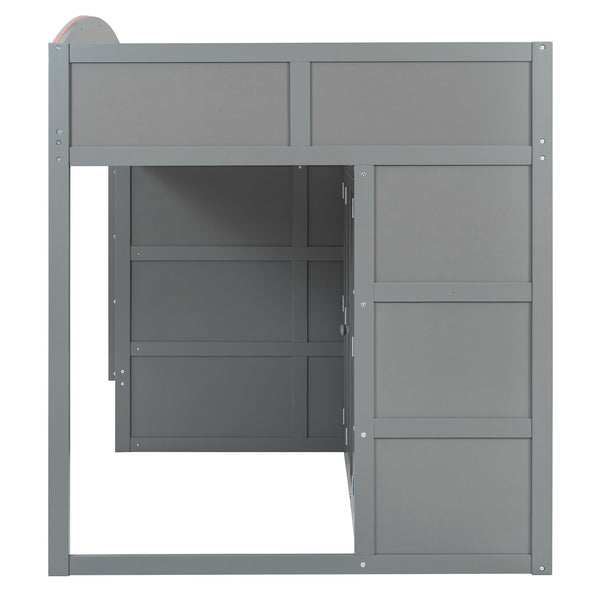 English Elm Full Size Offset Bunk Bed with Wardrobe Hanging Rod Drawers and Upholstered Rail Gray N820S00081E