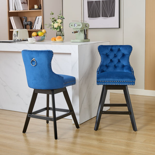 English Elm Swivel Velvet Barstool with Tufted Back, 360° Swivel, Plush Foam & Steel Spring Seat, Sturdy Wood Frame (Set of 2) Blue W1143P241331