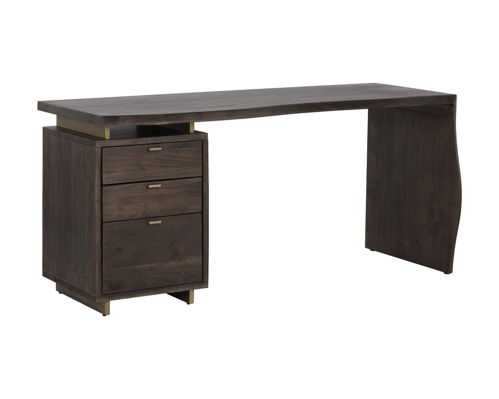 Sunpan Lewis Desk - Stunning Live Edge Design with Solid Acacia Wood, Brass Accents, and Three Drawers Dark Brown
