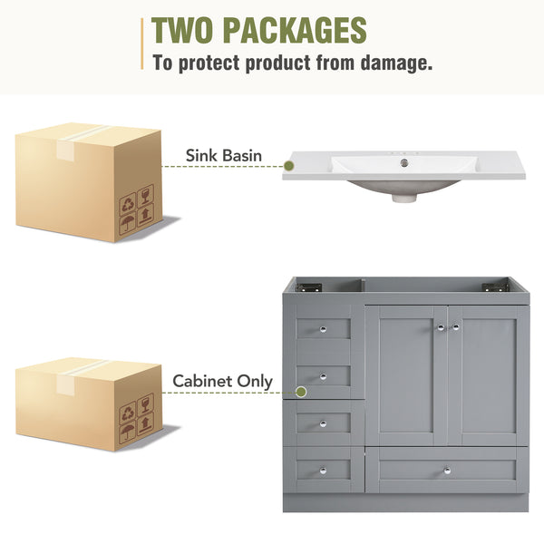 English Elm 36 Inch Shaker Bathroom Vanity with Resin Sink Four Soft Close Drawers Mdf Cabinet Gray N729P000028E