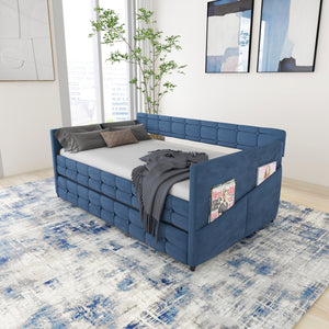 English Elm BLUE Velvet Upholstered Twin Daybed with Removable Trundle, Rubberwood Slats, Wheels, No Box Spring Required, Compact Chic Design W1867S00005