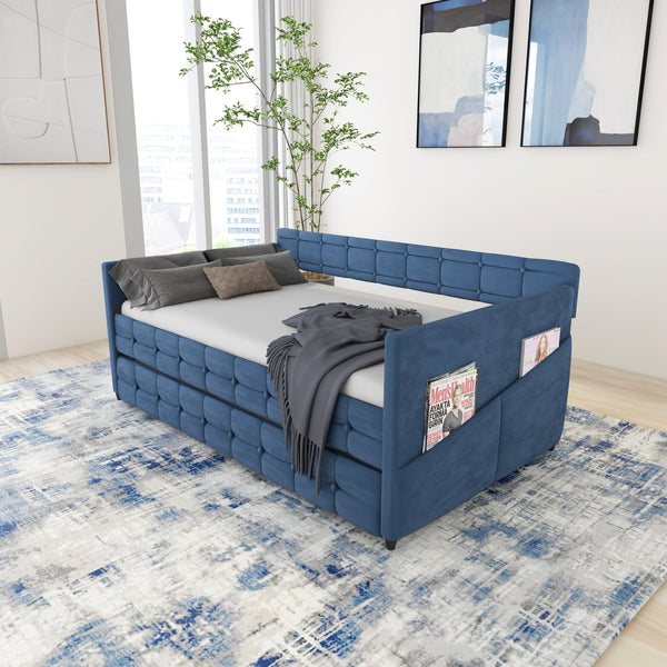 English Elm BLUE Velvet Upholstered Twin Daybed with Removable Trundle, Rubberwood Slats, Wheels, No Box Spring Required, Compact Chic Design W1867S00005