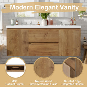 English Elm [video]59.3 Inch Wall Mounted Double Sink Vanity Wood Grain Mdf Soft Close Storage N729P000026N