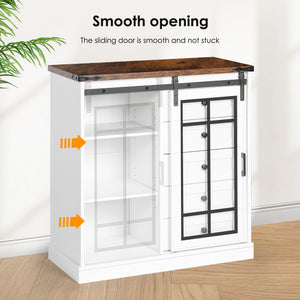 English Elm Storage Cabinet Rustic Farmhouse Sideboard with Glass Barn Doors, 5 Drawers & Adjustable Shelves, White-Walnut W2896P215177