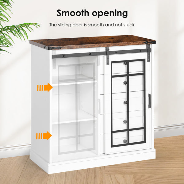 English Elm Storage Cabinet Rustic Farmhouse Sideboard with Glass Barn Doors, 5 Drawers & Adjustable Shelves, White-Walnut W2896P215177