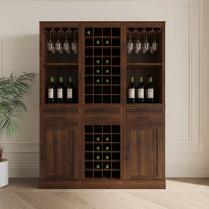 English Elm brown walnut modular wine bar cabinet with hutch, buffet storage, drawer & shelf for dining room W331P213375